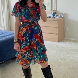 Duro Olowu Boho Floral Multicolor Ruffle Midi Dress- Pair with Boots!